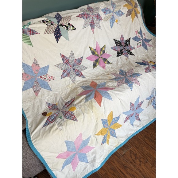 Vintage Hand-Stitched Lemoyne Star Summer Quilt Coverlet 8 Point  73" X 67" - Picture 7 of 16